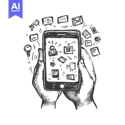 Aset premium populer: Hand-Drawn Illustration of a Smartphone with Various App Icons Surroun