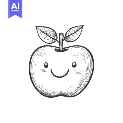 Premium design asset: Hand-drawn illustration of a smiling apple with leaves