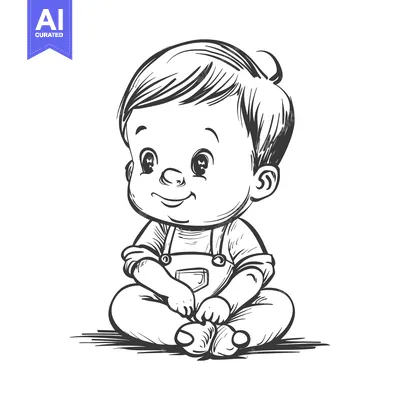 Aset premium populer: Hand-drawn illustration of a smiling baby boy in overalls sitting with