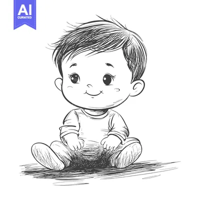 Aset premium populer: Hand-drawn Illustration of a Smiling Baby Boy Sitting on the Floor