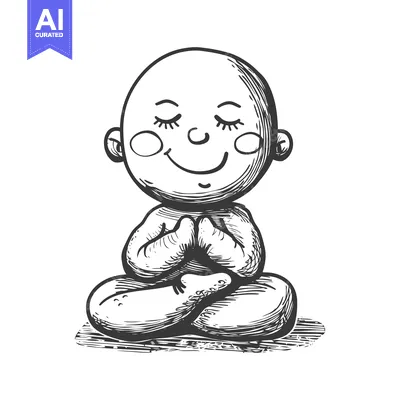 Aset desain premium: Hand-drawn illustration of a smiling bald person in a meditative pose