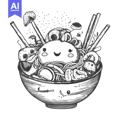 Aset desain premium: Hand-drawn illustration of a smiling bowl of ramen with chopsticks and