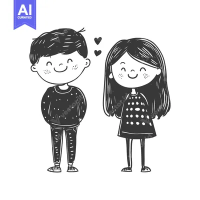 Aset desain premium: Hand-drawn illustration of a smiling boy and girl with hearts above th