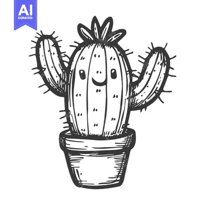 Aset desain premium: Hand-drawn illustration of a smiling cactus in a pot
