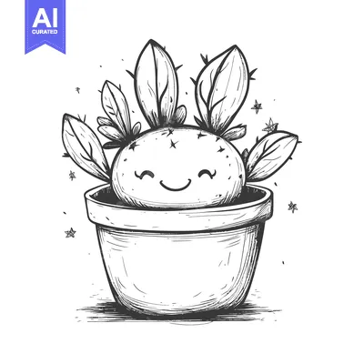 Aset desain premium: Hand-Drawn Illustration of a Smiling Cactus in a Pot with Stars