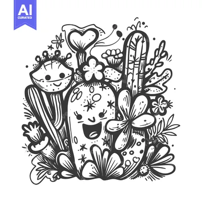 Aset premium populer: Hand-Drawn Illustration of a Smiling Cactus with Surrounding Flora