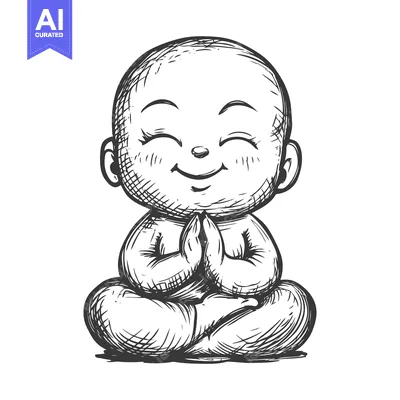 Hand-drawn illustration of a smiling cartoon baby in meditation pose