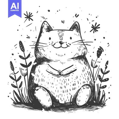 Aset desain premium: Hand-Drawn Illustration of a Smiling Cat in a Field of Flowers
