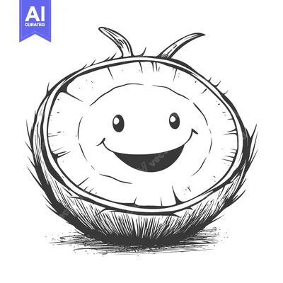 Aset desain premium: Hand-drawn illustration of a smiling coconut with a happy expression.