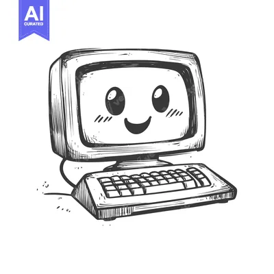 Premium design asset: Hand-drawn illustration of a smiling computer with a keyboard