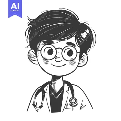 Aset desain premium: Hand-drawn illustration of a smiling doctor with a stethoscope