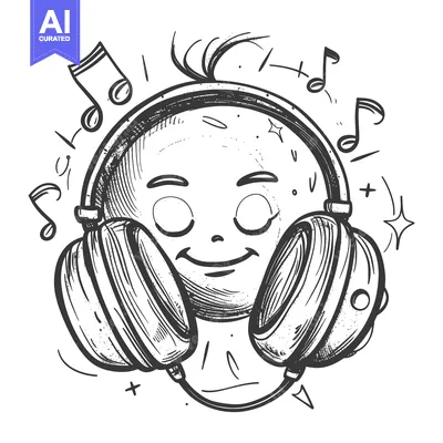 Aset desain premium: Hand-drawn Illustration of a Smiling Face Wearing Headphones with Musi