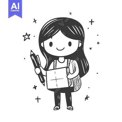 Aset desain premium: Hand-drawn illustration of a smiling girl holding a pen and a book