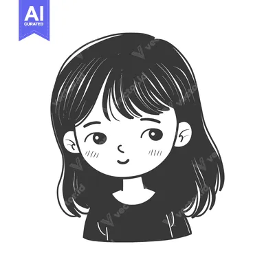 Aset desain premium: Hand-drawn Illustration of a Smiling Girl with Black Hair