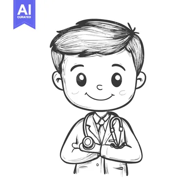 Aset premium populer: Hand-Drawn Illustration of a Smiling Male Doctor with a Stethoscope