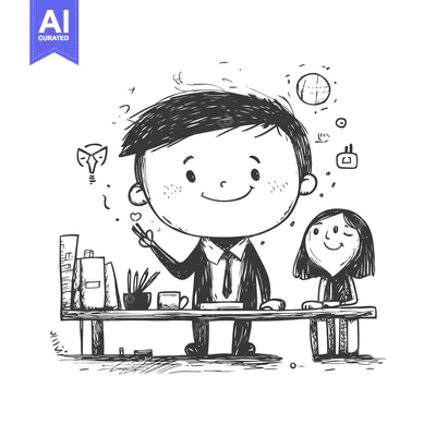 Popular premium asset: Hand-drawn illustration of a smiling man and woman sitting at a desk