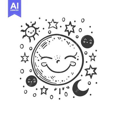 Premium design asset: Hand-drawn Illustration of a Smiling Moon Surrounded by Stars, a Sun,