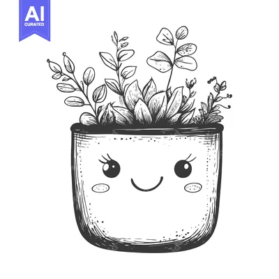 Aset premium populer: Hand-drawn Illustration of a Smiling Potted Plant with Lush Greenery