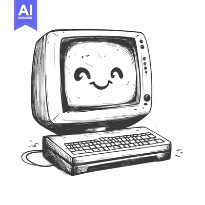 Premium design asset: Hand-drawn illustration of a smiling retro computer with a keyboard