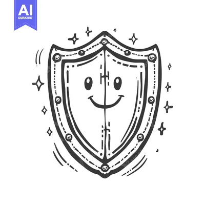 Aset desain premium: Hand-drawn Illustration of a Smiling Shield with Decorative Elements