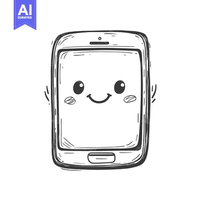 Aset desain premium: Hand-drawn illustration of a smiling smartphone with cute eyes