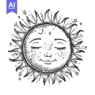 Aset desain premium: Hand-drawn illustration of a smiling sun with closed eyes and a cresce