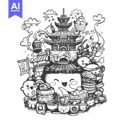 Aset premium populer: Hand-Drawn Illustration of a Smiling Sushi Character Surrounded by Jap