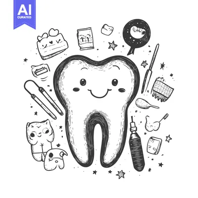 Hand-Drawn Illustration of a Smiling Tooth Surrounded by Dental Care I