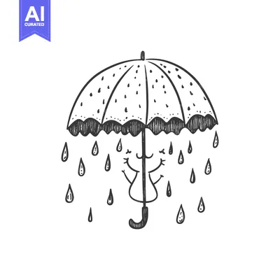 Aset premium populer: Hand-drawn illustration of a smiling umbrella with raindrops