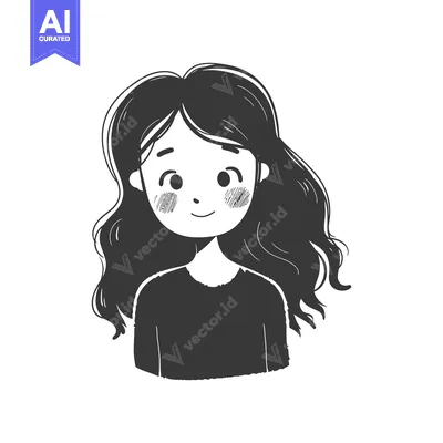 Premium design asset: Hand-drawn illustration of a smiling woman with long curly hair