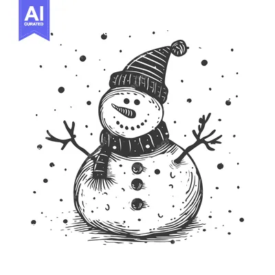 Aset desain premium: Hand-drawn illustration of a snowman in a hat and scarf with snowflake