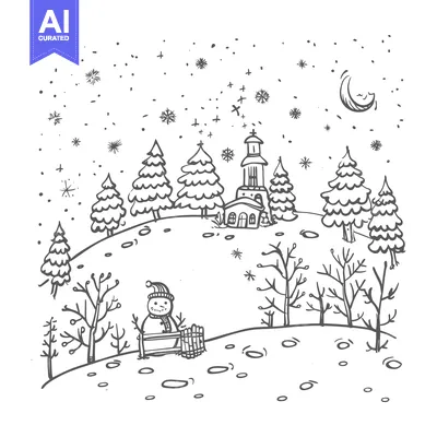 Premium design asset: Hand-drawn illustration of a snowman in a snowy landscape with a churc
