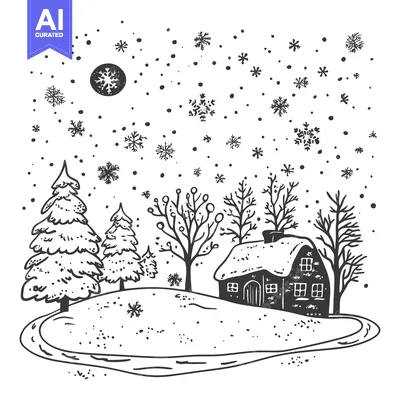 Premium design asset: Hand-drawn illustration of a snowy cottage in a wintery landscape