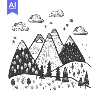 Aset desain premium: Hand-Drawn Illustration of a Snowy Mountain Landscape with Trees and C