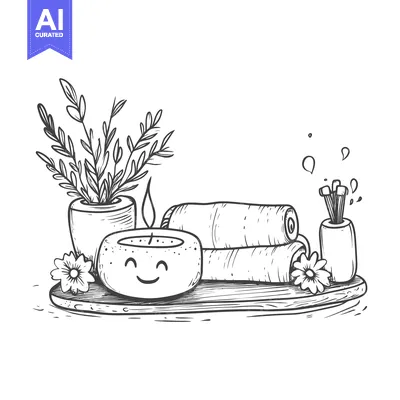 Aset premium populer: Hand-Drawn Illustration of a Spa Setting with a Smiling Candle, Flower