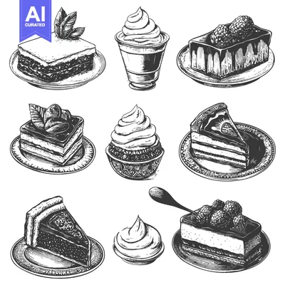 Aset premium populer: Hand-drawn Illustration of Assorted Cakes and Desserts