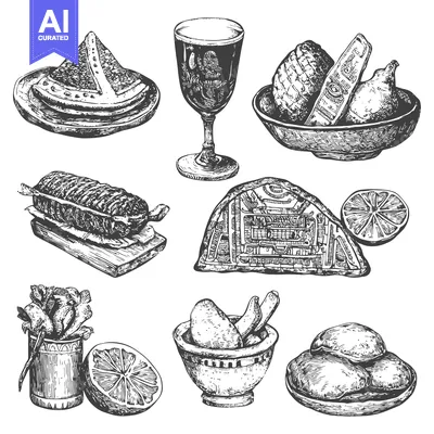 Aset premium populer: Hand-Drawn Illustration of Assorted Foods and Drinks