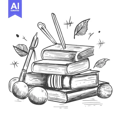 Aset desain premium: Hand-drawn illustration of a stack of books, a pen, and apples