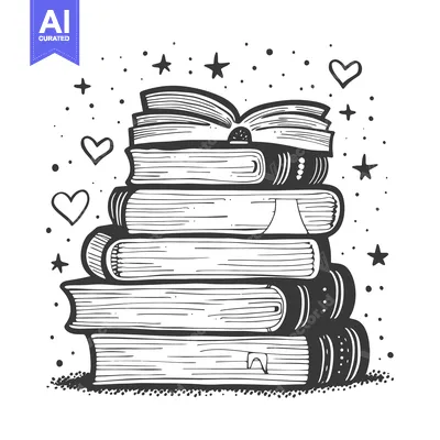 Aset desain premium: Hand-drawn illustration of a stack of books with a bookmark and stars