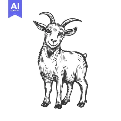 Premium design asset: Hand-drawn Illustration of a Standing Goat with Curved Horns