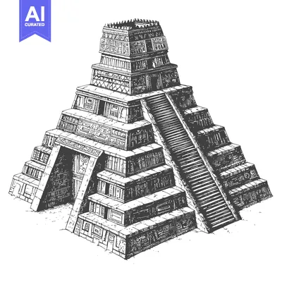Aset premium populer: Hand-Drawn Illustration of a Stepped Mayan Pyramid with an Entrance