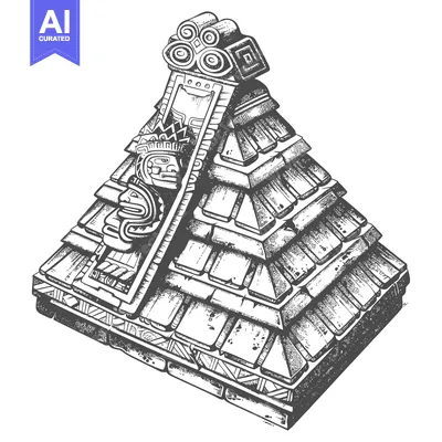 Aset desain premium: Hand-Drawn Illustration of a Stepped Pyramid with Intricate Designs an
