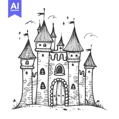 Hand-drawn Illustration of a Stone Castle with Multiple Towers and Fla