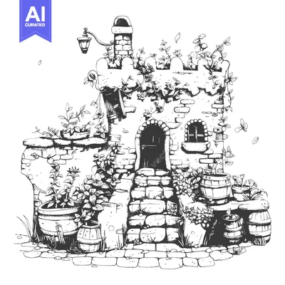 Aset desain premium: Hand-drawn Illustration of a Stone Cottage with a Brick Pathway and Ba