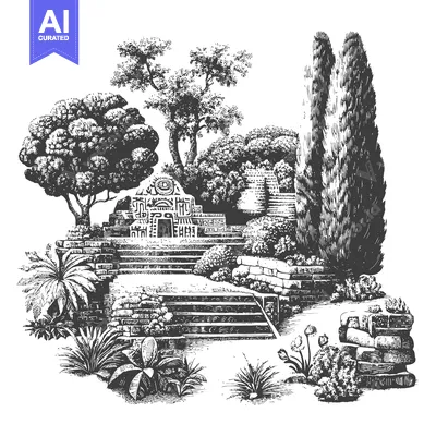 Hand-drawn Illustration of a Stone Structure and Lush Greenery