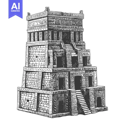 Aset desain premium: Hand-drawn Illustration of a Stone Temple with Detailed Carvings