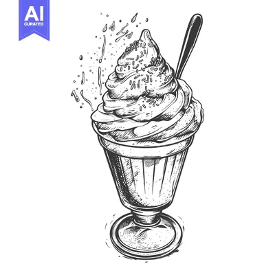 Aset desain premium: Hand-drawn illustration of a sundae with sprinkles and a spoon