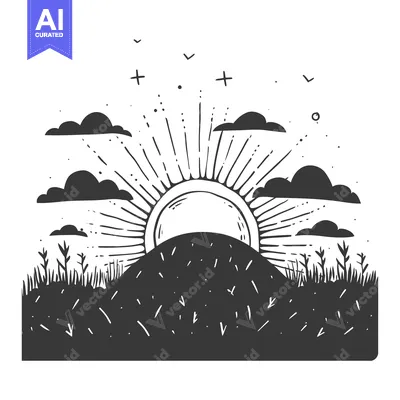 Aset premium populer: Hand-drawn illustration of a sun rising over a hill with clouds and gr