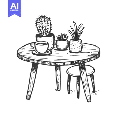 Aset desain premium: Hand-Drawn Illustration of a Table with Plants and a Cup of Coffee