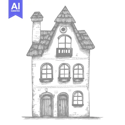Aset desain premium: Hand-Drawn Illustration of a Three-Story House with a Steep Roof and M